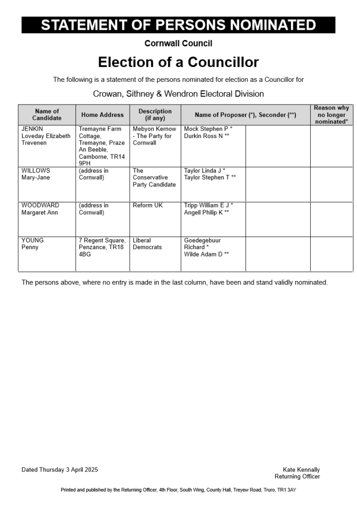Election of a Councillor - Crowan Parish Council in Cornwall